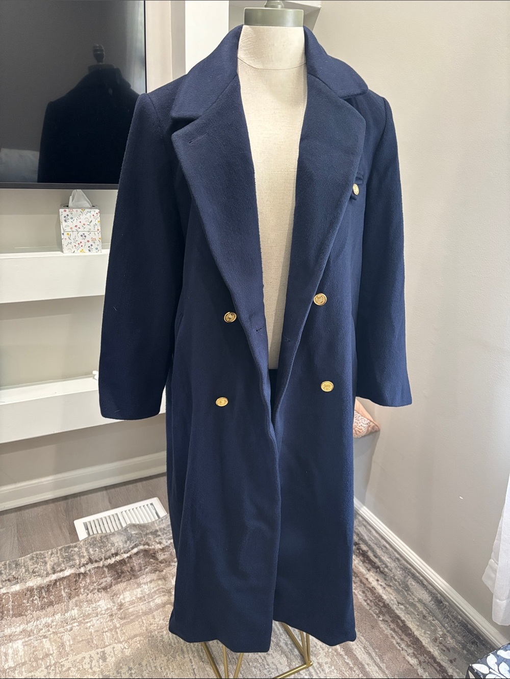 Classic Navy Double-Breasted Trench Coat with Gold Buttons